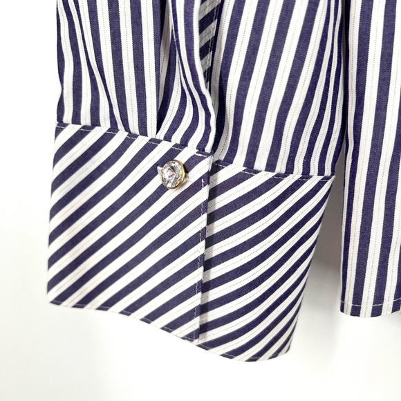 Chicos Sz 2 Large Gold Pin Stripe Metallic Blue Blouse Shirt Top Formal Dinner - Picture 9 of 10